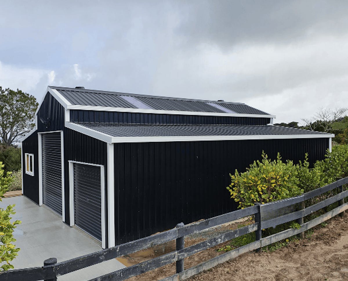 Blue and white barn