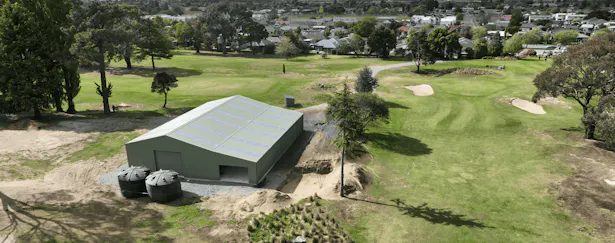 Aerial view of the Avondale golf clubs storage shed by Wide Span Sheds