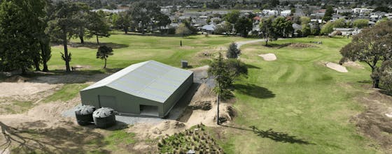 Aerial view of the Avondale golf clubs storage shed by Wide Span Sheds