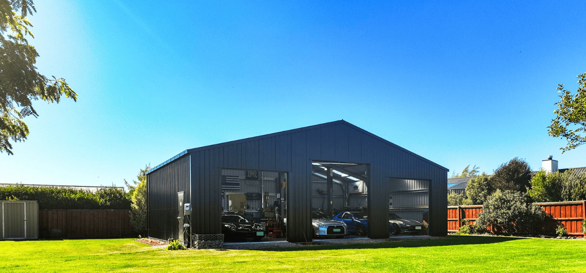 Car Collectors Workshop Shed - Vivid summer colours 3-Bay steel shed