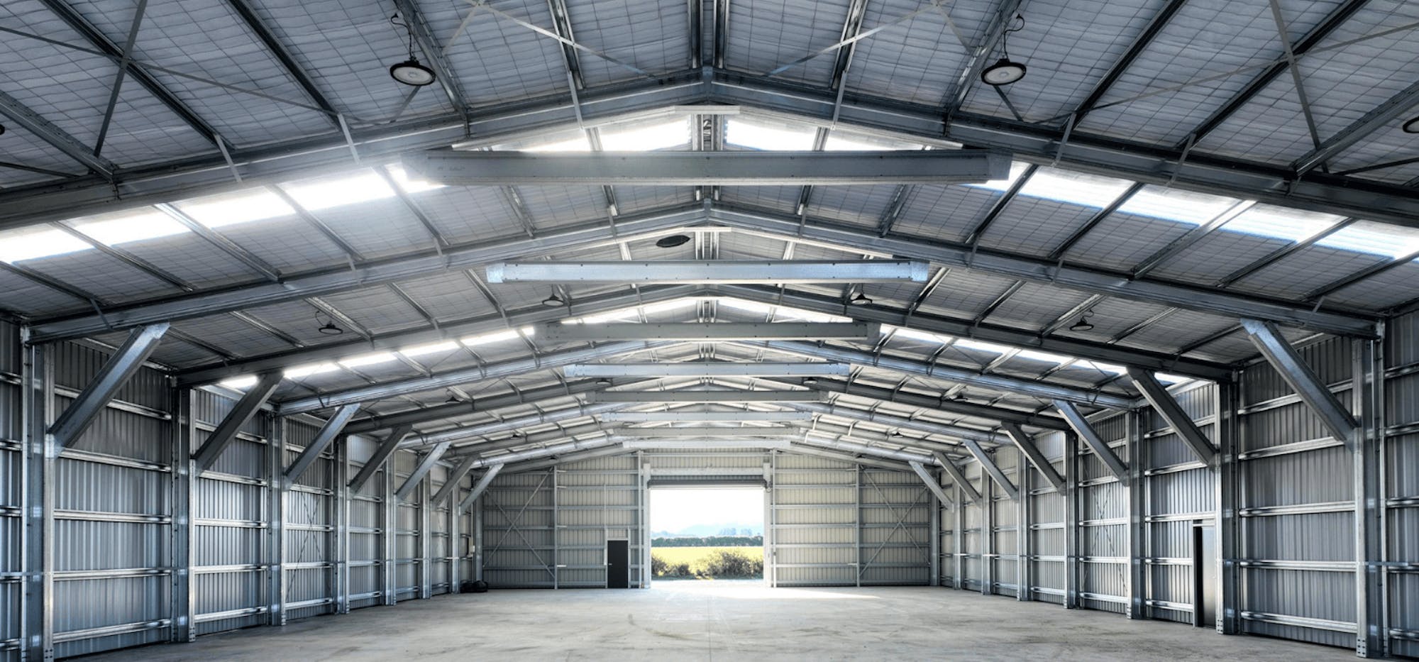 Large industrial rural contractors shed interior view