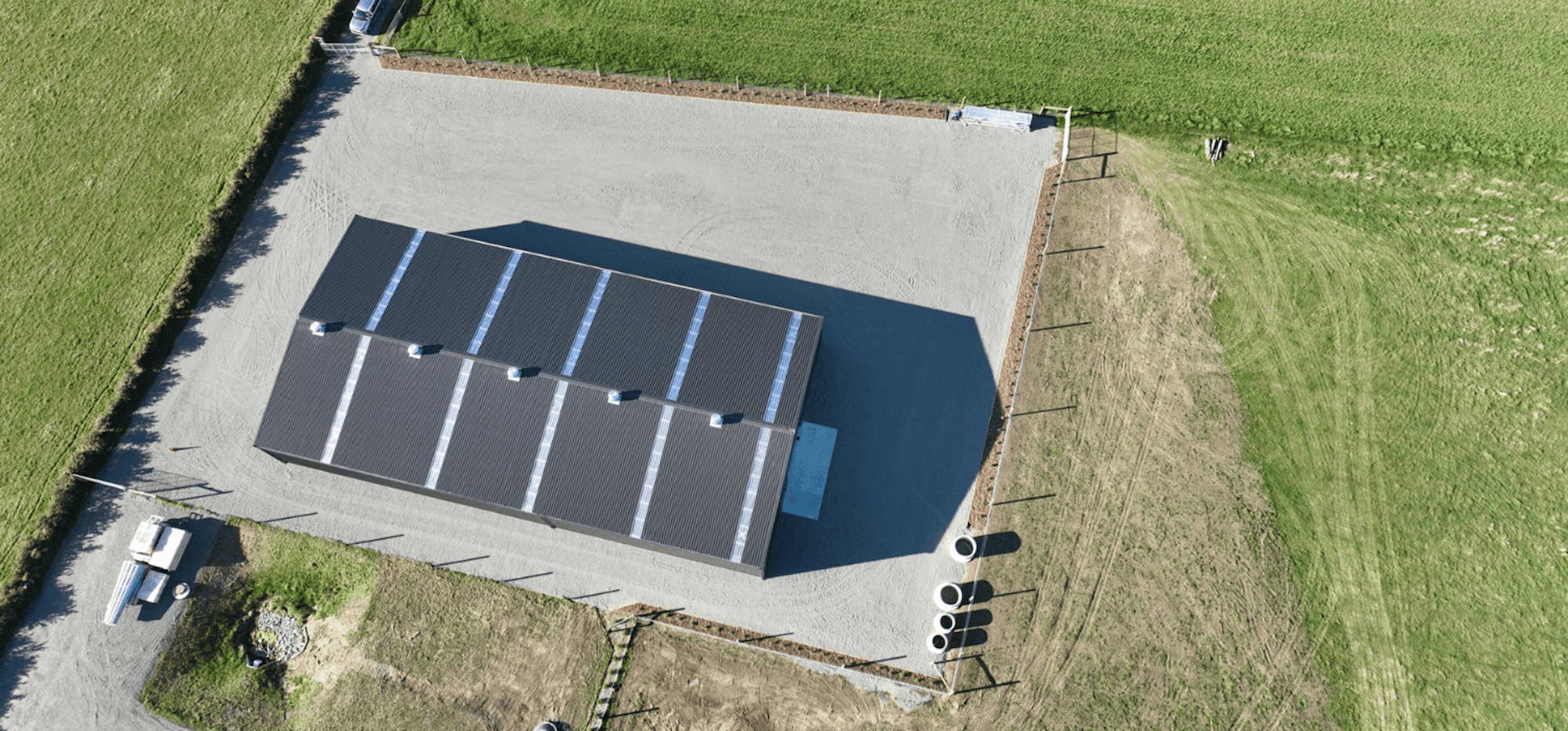 Large industrial rural contractors shed - drone photo