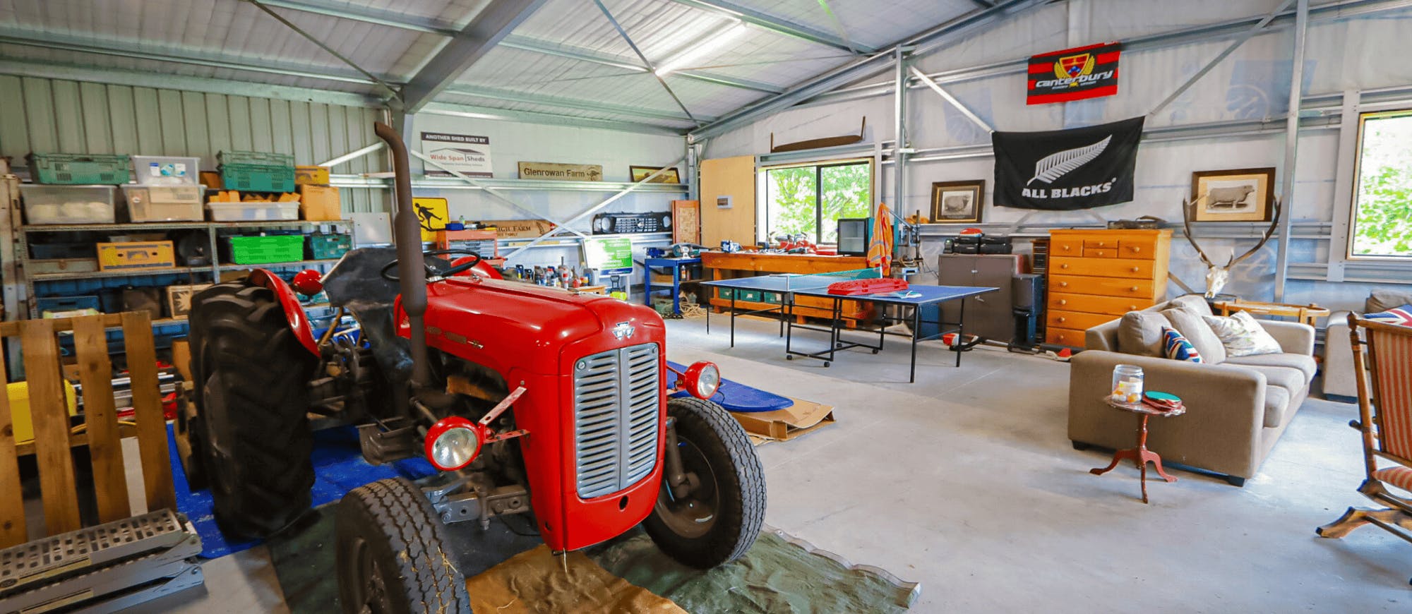 A red tractor in a man cave